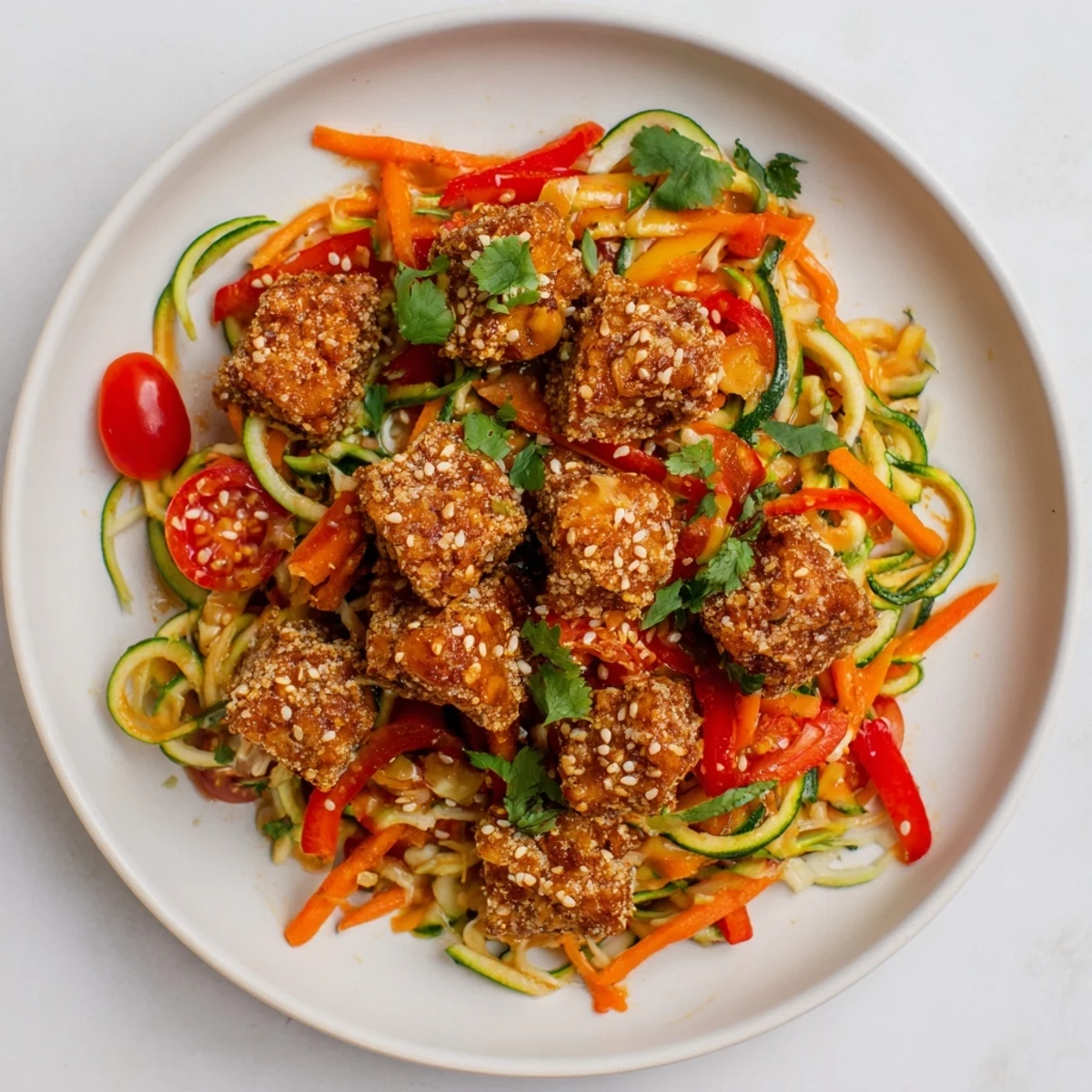 Crispy Garlic Lime Tempeh with Zoodle Salad served on a white plate with vibrant zucchini noodles.