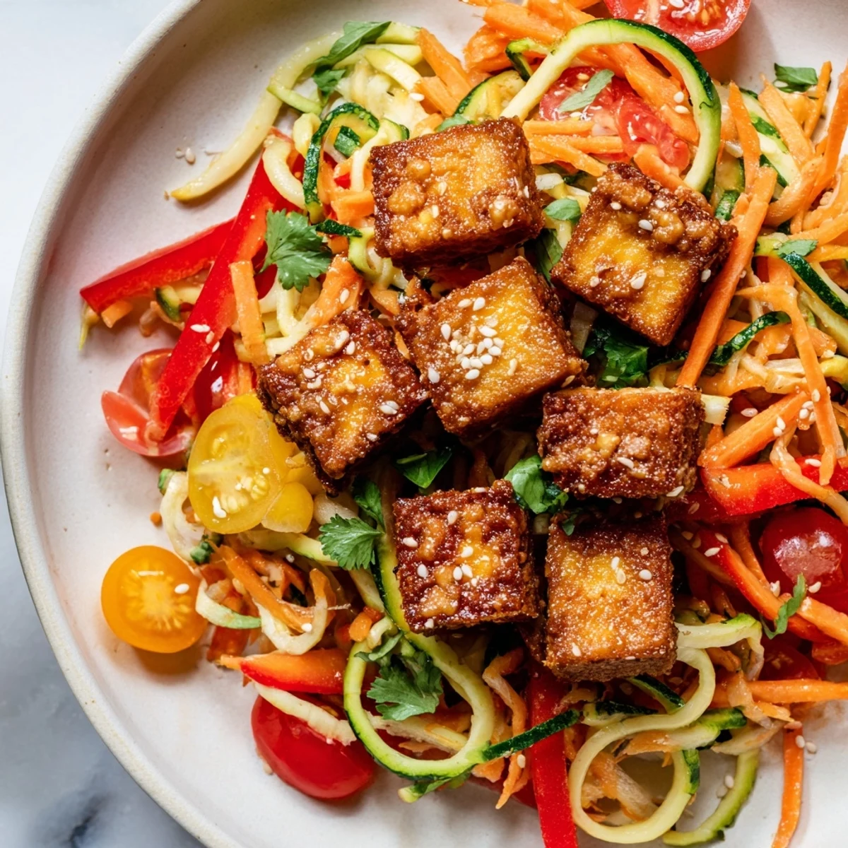 Close-up of Crispy Garlic Lime Tempeh With Zoodle Salad topped with toasted sesame seeds and herbs.