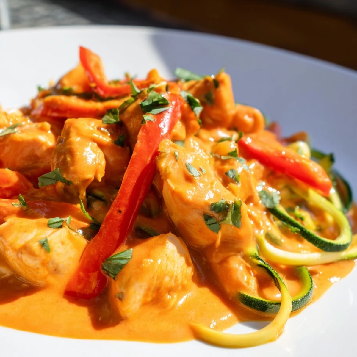 Tender chicken pieces simmered in red curry sauce served over fresh spiralized zucchini noodles for a healthy meal.