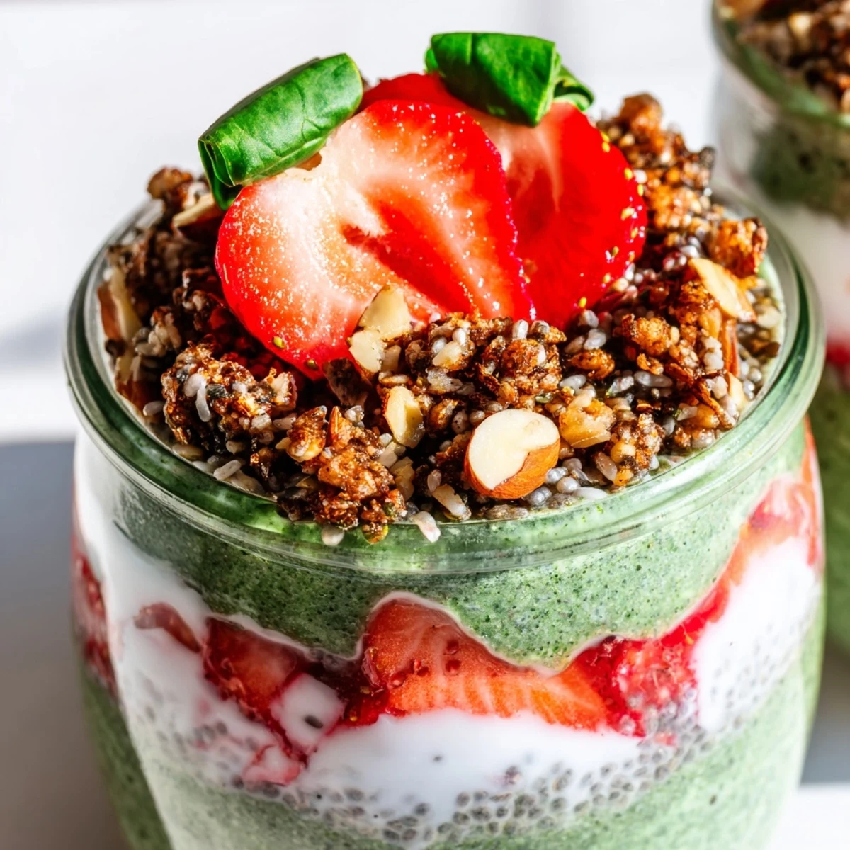 Bright layers of Strawberry Spinach Protein Chia Parfait with creamy yogurt, chia pudding, and fresh berries in a clear glass.