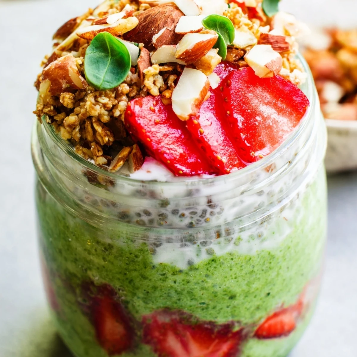 A close-up of Strawberry Spinach Protein Chia Parfait showing vibrant red strawberries, green spinach, and crunchy granola topping.