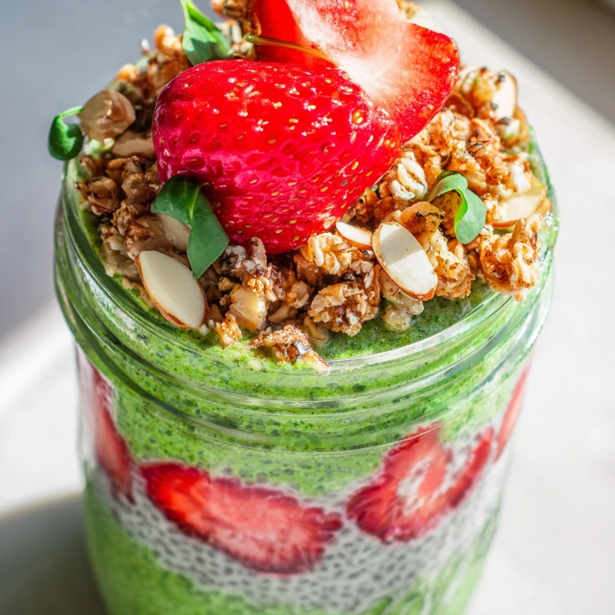 Healthy Strawberry Spinach Protein Chia Parfait in a jar, ready to serve for breakfast or a nutritious snack.