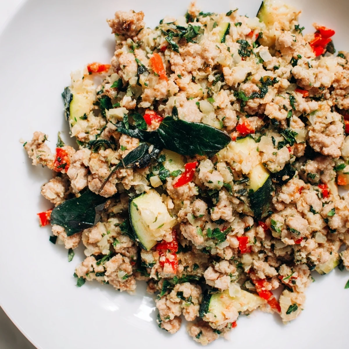 Golden Herbed Turkey and Cauliflower Rice Skillet topped with chopped parsley and lemon wedges, perfect for a healthy weeknight dinner.