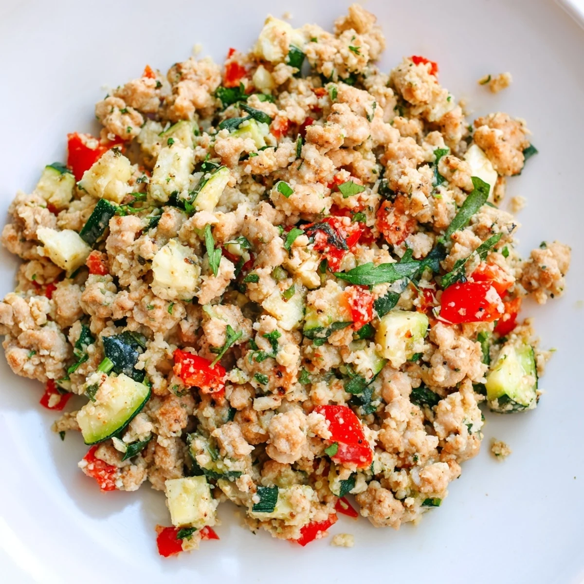 Savory Herbed Turkey and Cauliflower Rice Skillet with fluffy cauliflower rice, red bell peppers, and zucchini, served warm with a side salad.