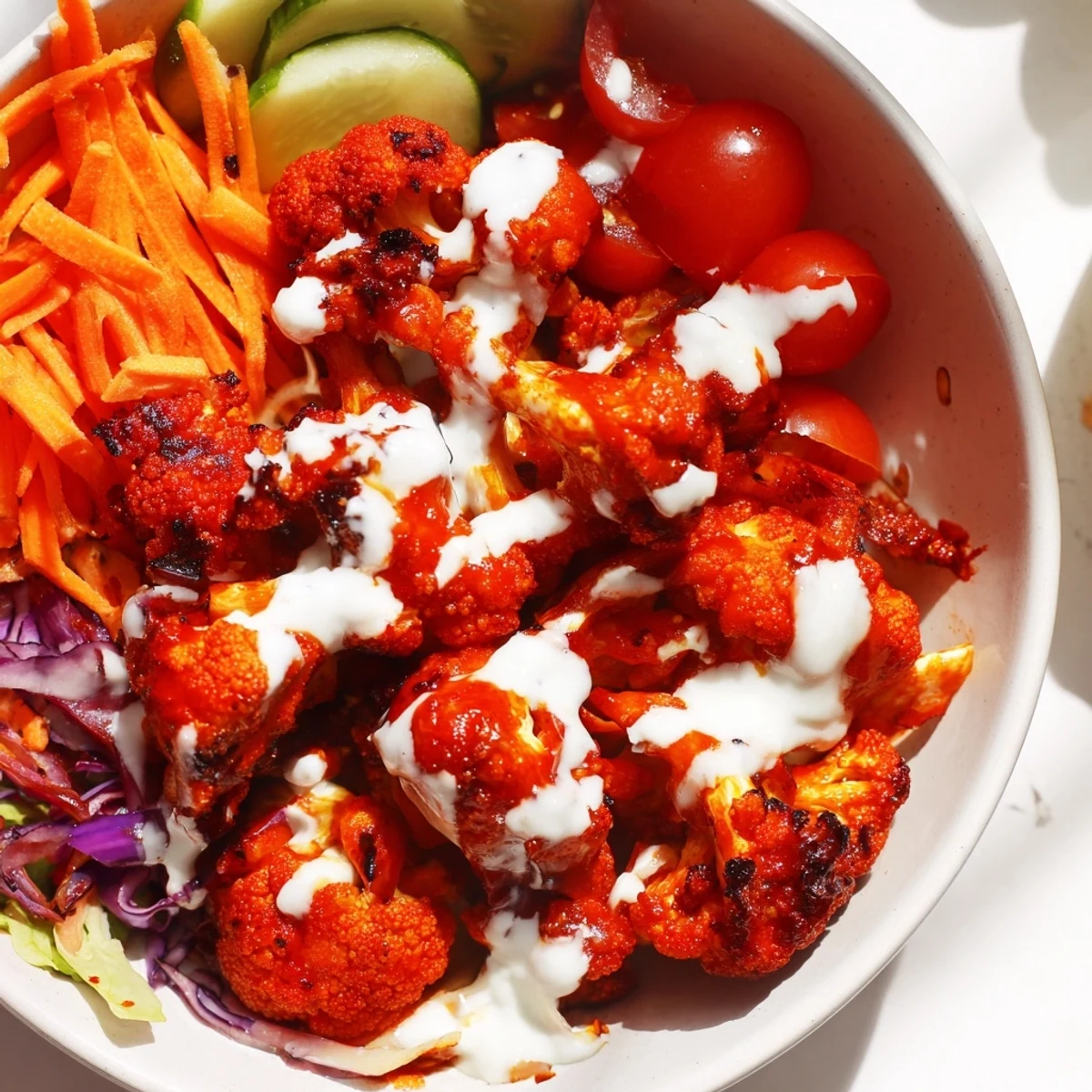 Spicy roasted cauliflower florets, vibrant veggies, and creamy almond ranch dressing in a hearty Buffalo Cauliflower and Almond Ranch Bowl.