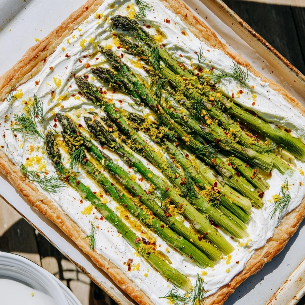Savory Whipped Feta and Roasted Asparagus Tart sliced open, revealing creamy whipped feta and tender asparagus inside.  