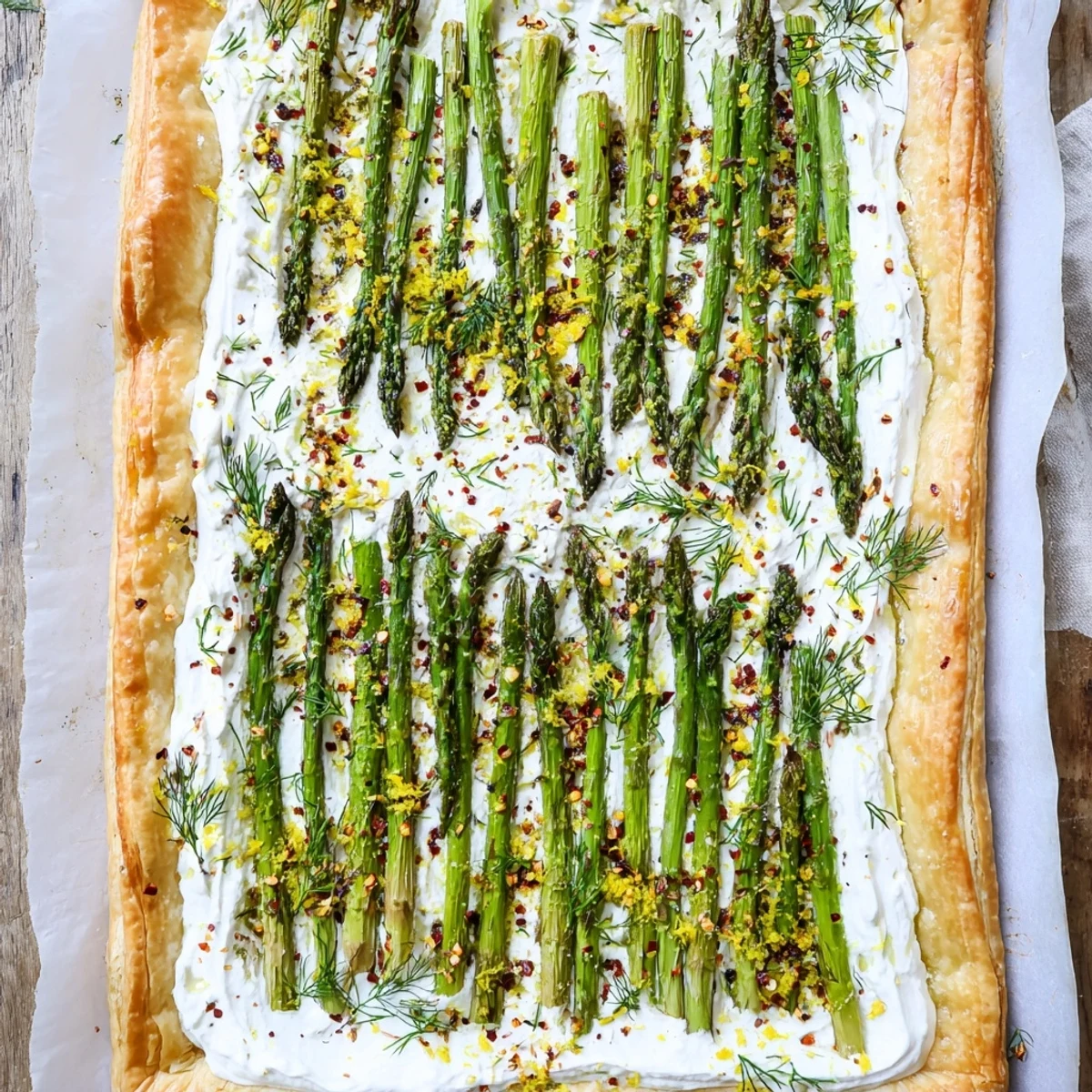 Warm Whipped Feta and Roasted Asparagus Tart served on a rustic plate, garnished with fresh dill and lemon zest.