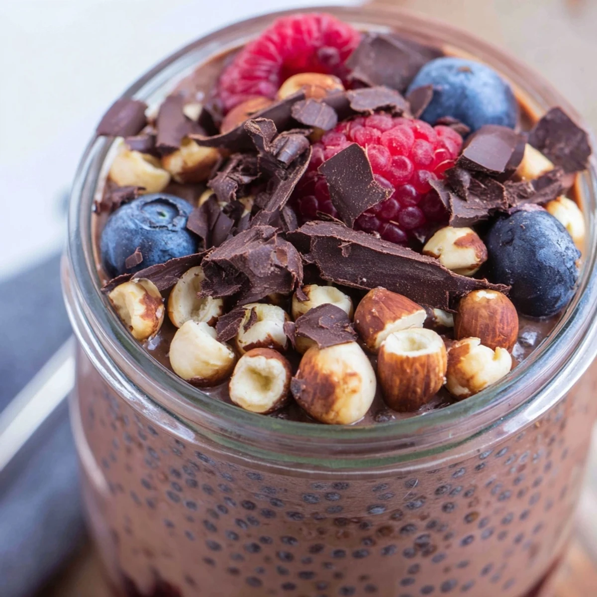Creamy chocolate hazelnut protein chia pudding layered with roasted nuts and dark chocolate shavings in a glass jar