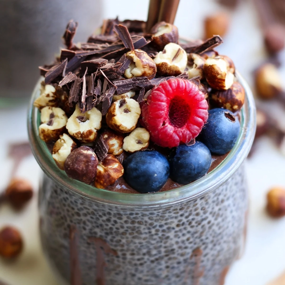 Thick and velvety chocolate hazelnut protein chia pudding sprinkled with chopped roasted hazelnuts and chocolate chips on a wooden table