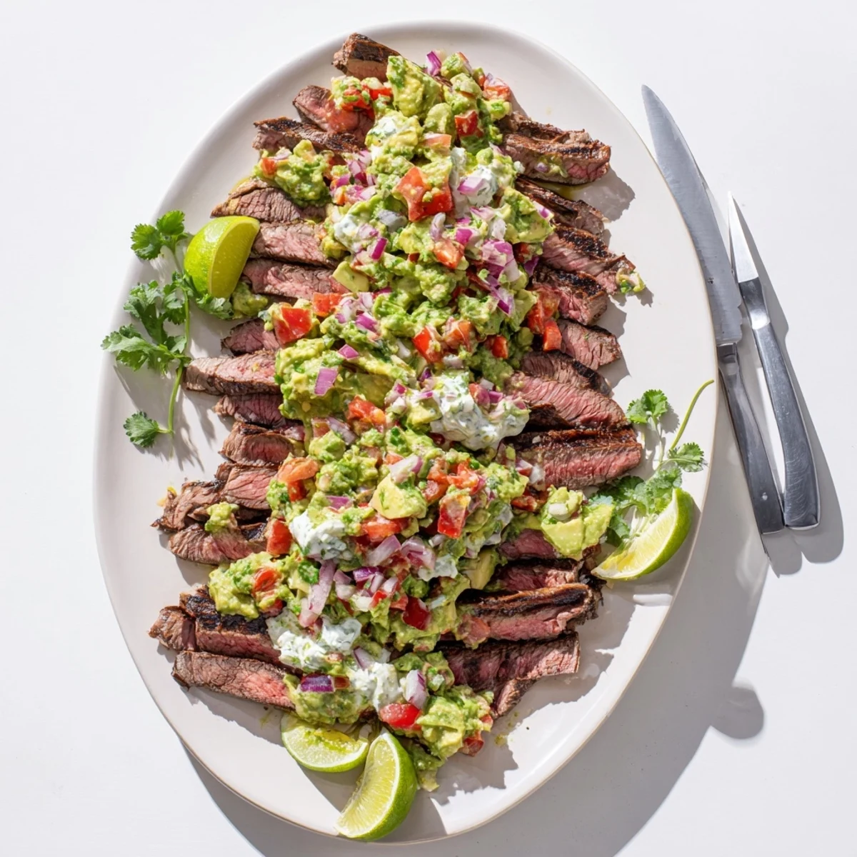 Perfectly marinated garlic lime steak arranged on a white platter with creamy avocado topping