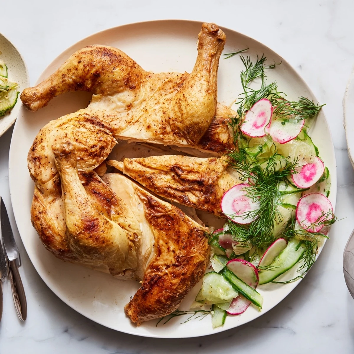 Golden brown lemon herb rotisserie style chicken resting beside crisp radish salad on white platter