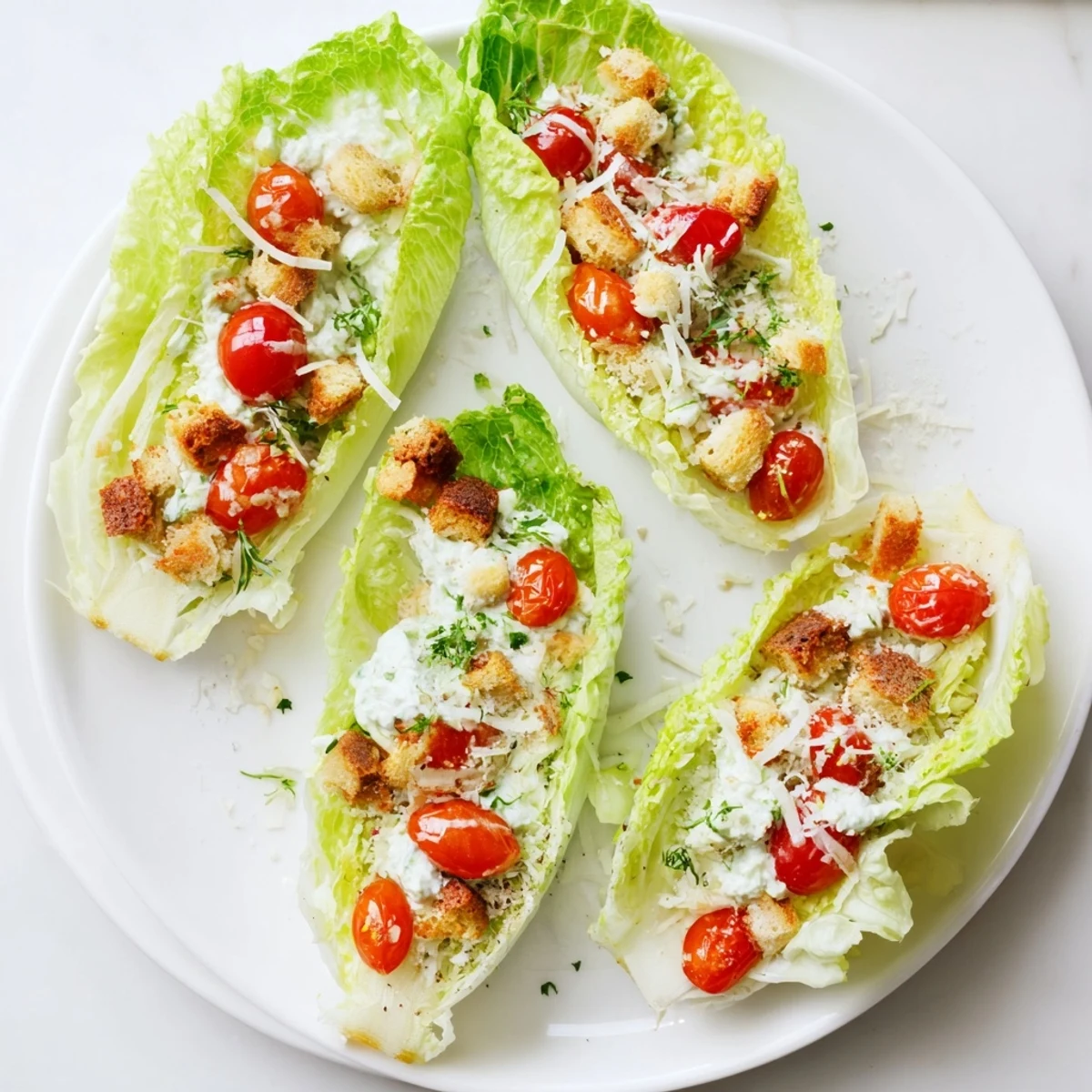 Crisp Romaine lettuce cups filled with creamy cottage cheese Caesar mixture and topped with croutons