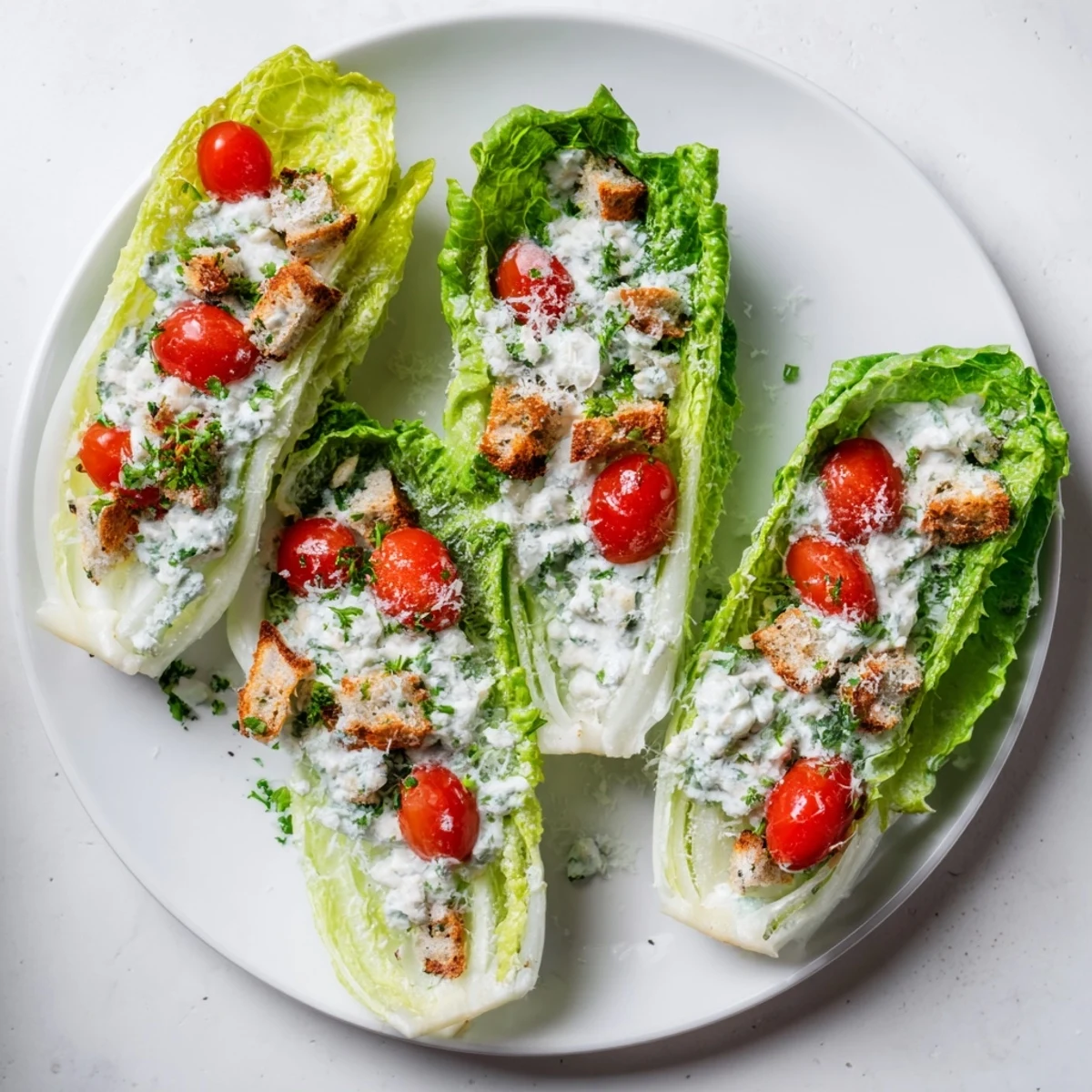 Protein-packed cottage cheese Caesar stuffed lettuce cups topped with Parmesan and crunchy croutons