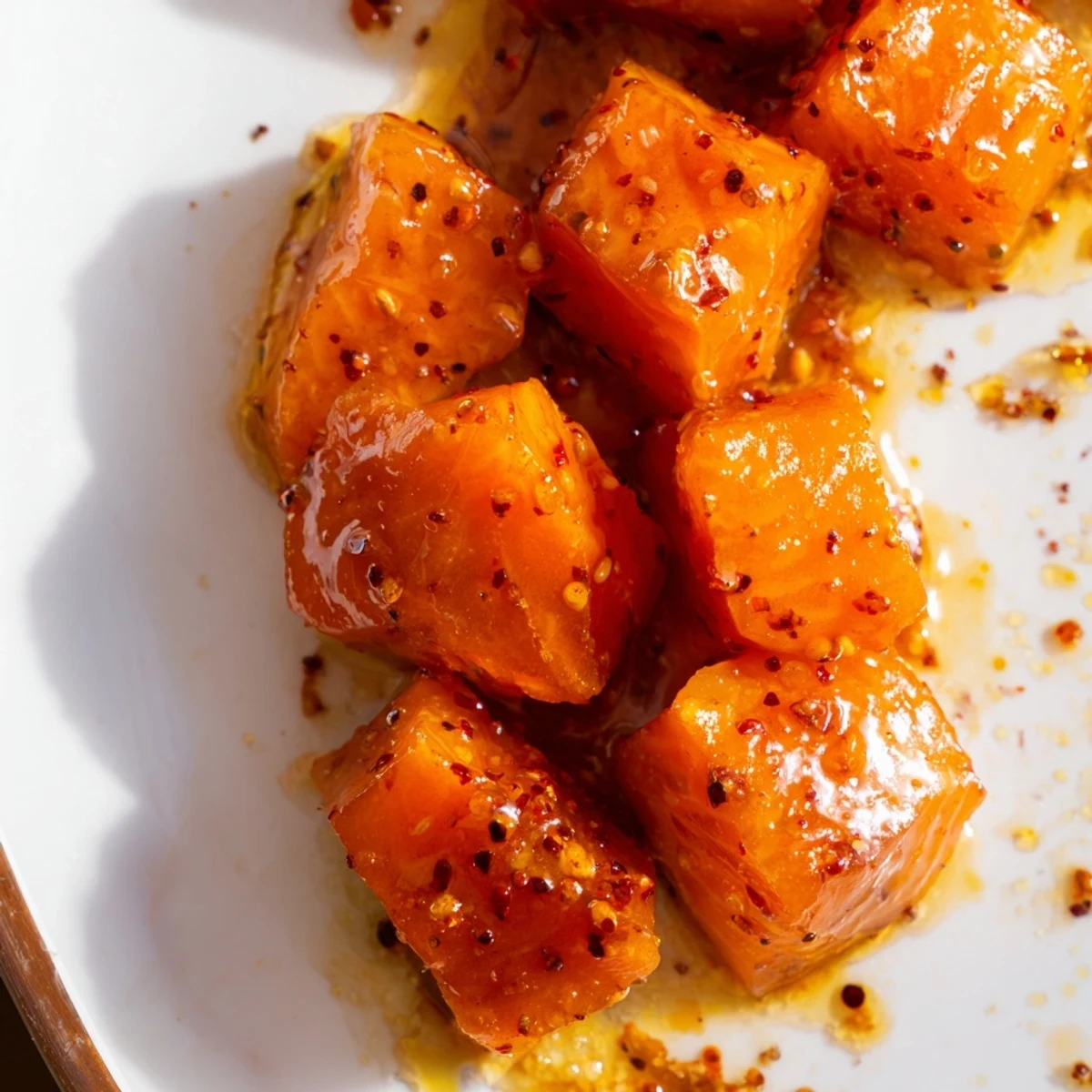 Golden hot honey salmon bites glazed with spicy sweetness atop colorful cabbage avocado slaw