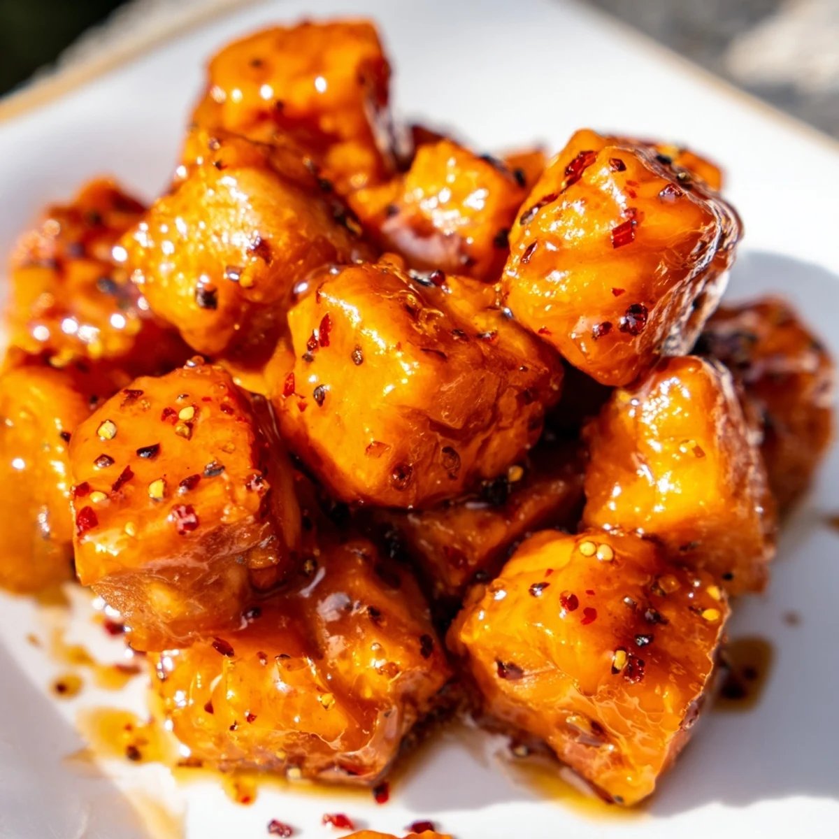 Crispy caramelized salmon cubes with spicy honey glaze served over fresh crisp vegetable slaw
