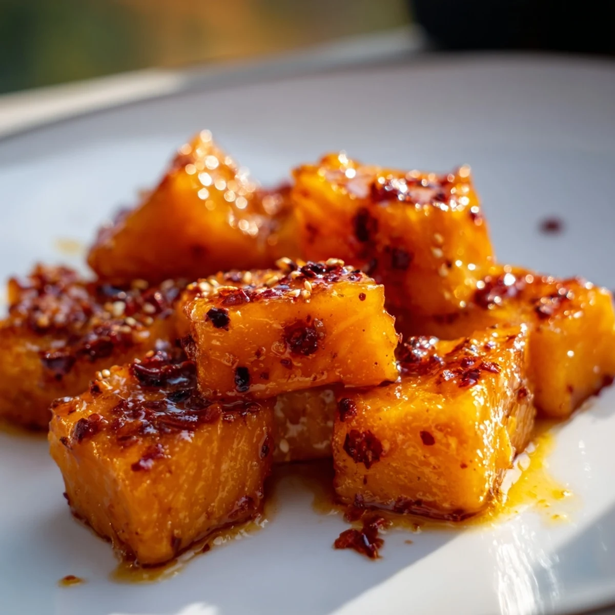 Baked salmon pieces coated in hot honey sauce arranged beside vibrant avocado and cabbage mixture