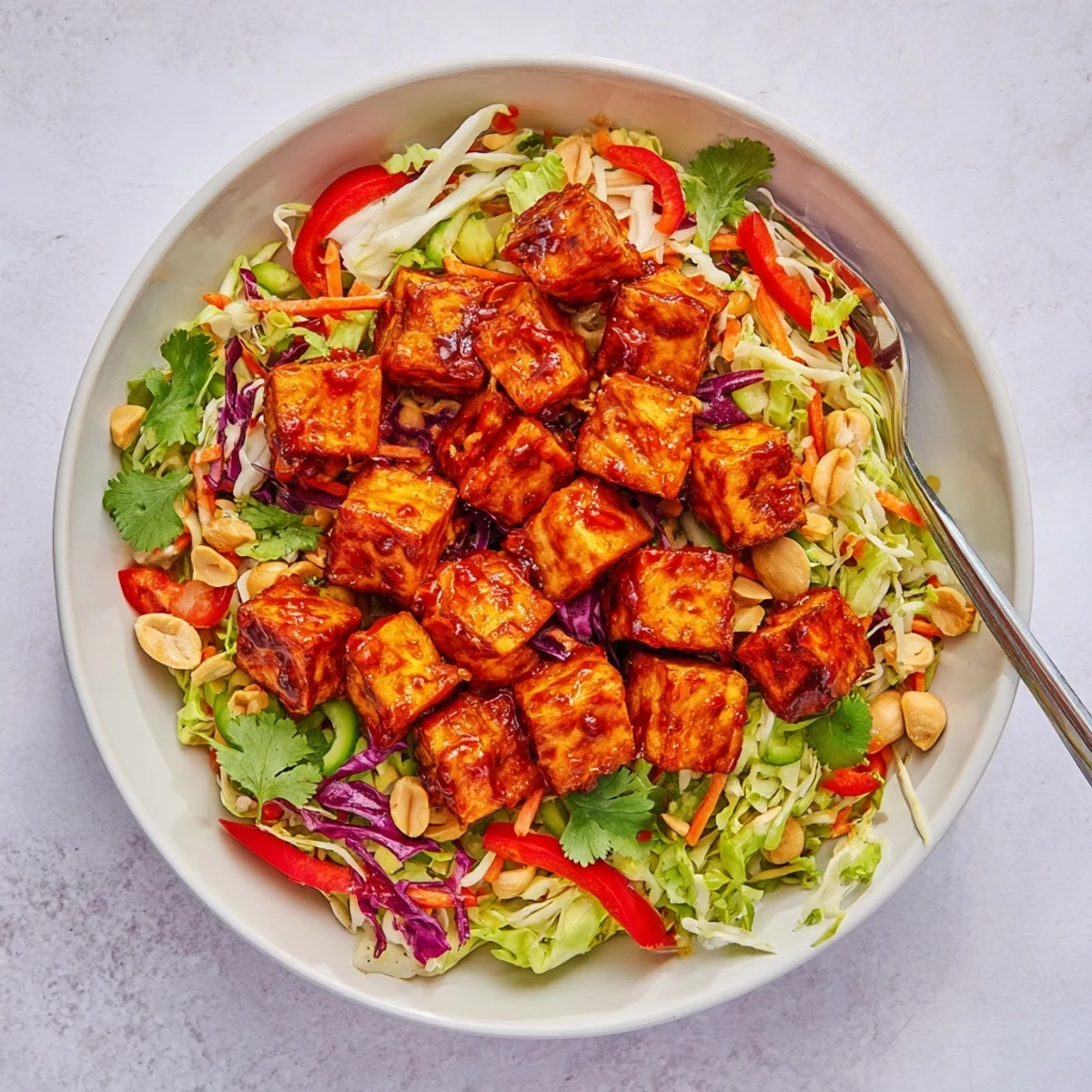 Red chili-coated tofu pieces served atop shredded cabbage carrot salad garnished with roasted peanuts and fresh scallion rings