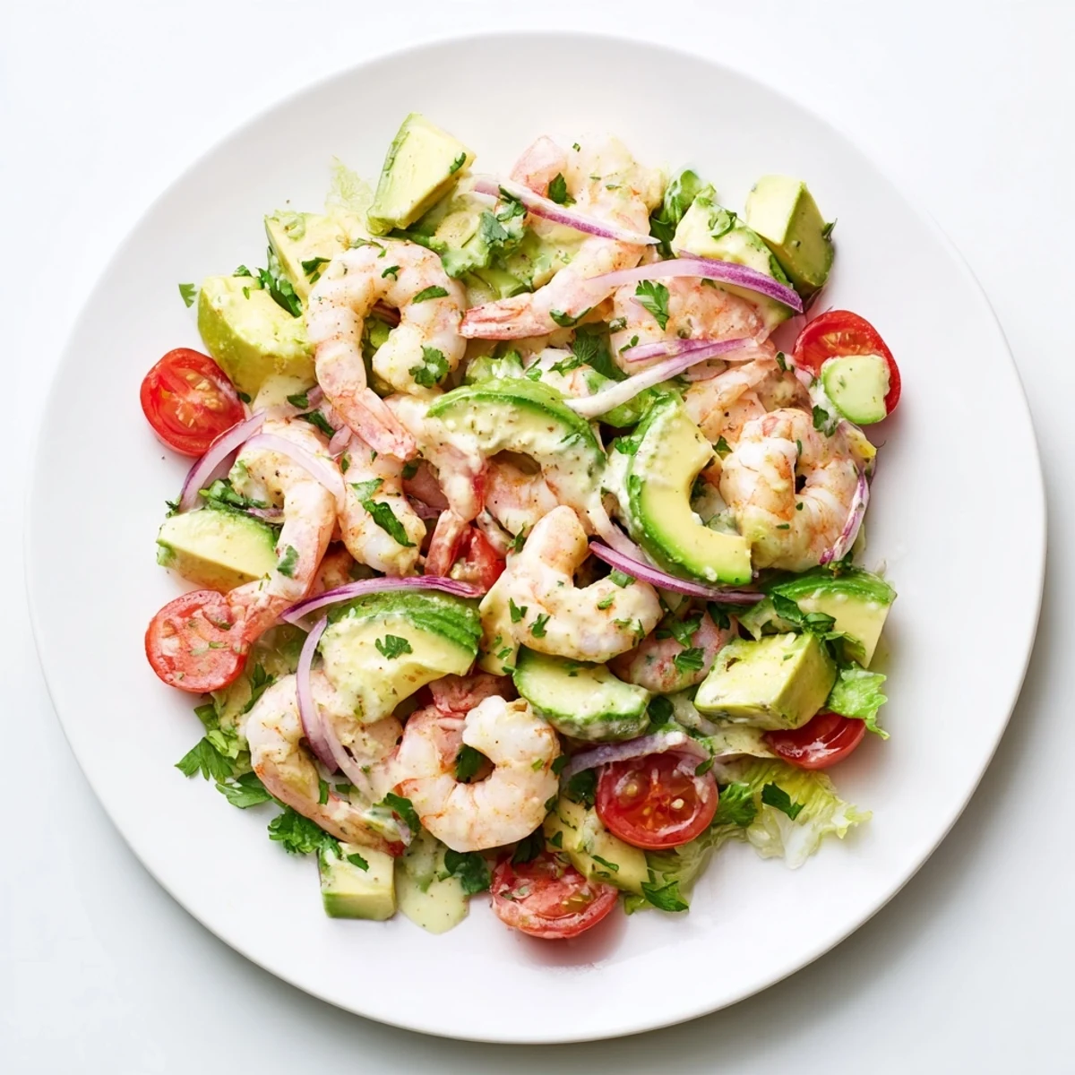Fresh creamy avocado lime shrimp salad with tender shrimp, vibrant vegetables, and zesty lime dressing in a bowl