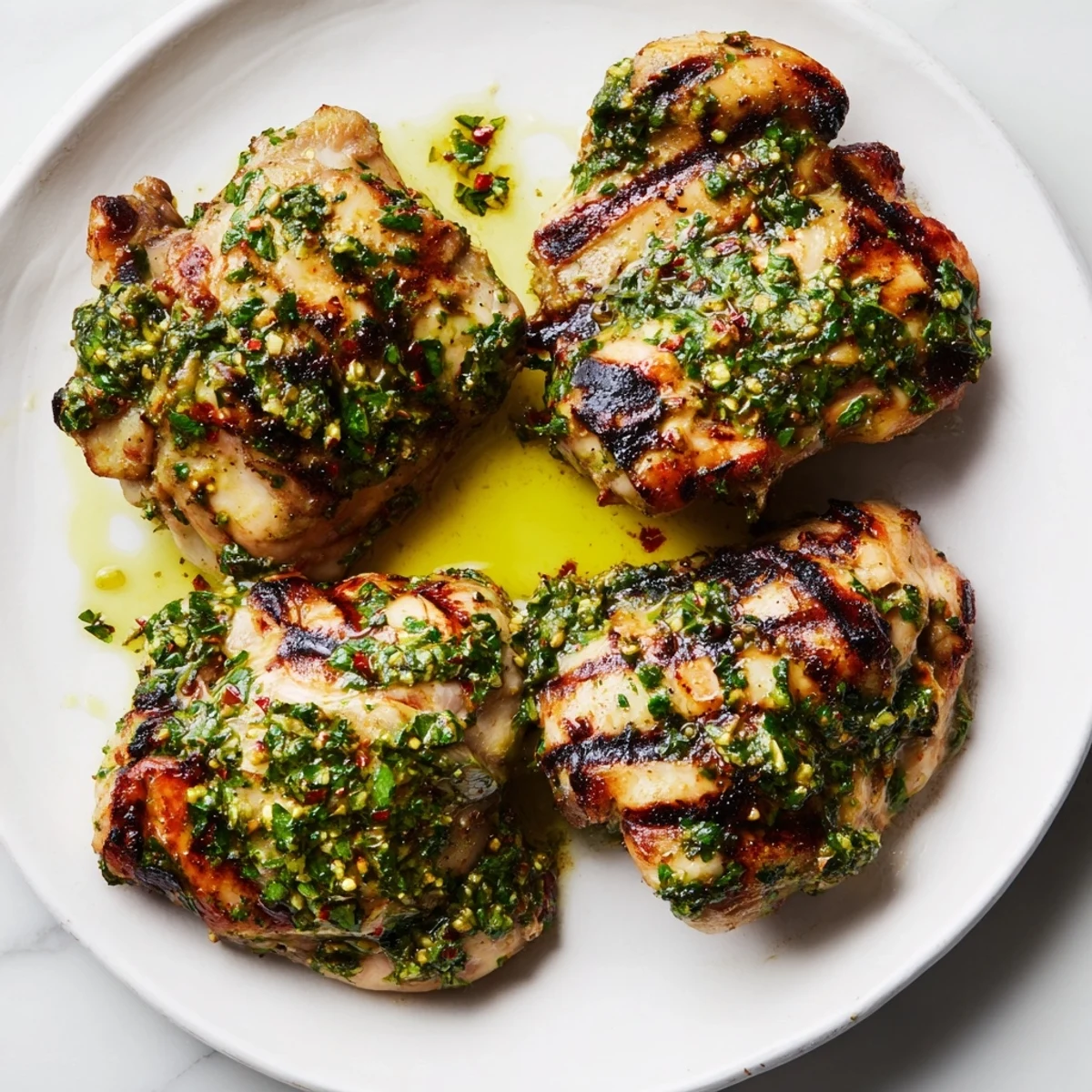 Golden grilled chimichurri chicken with zesty herb sauce served over colorful roasted spring vegetables
