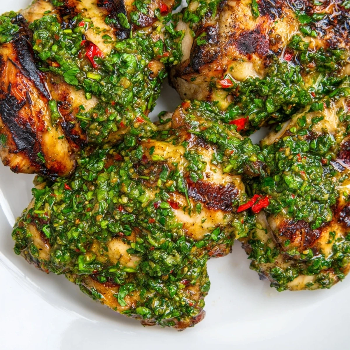 Savory chimichurri chicken thighs plated with caramelized roasted spring greens and fresh lemon wedges