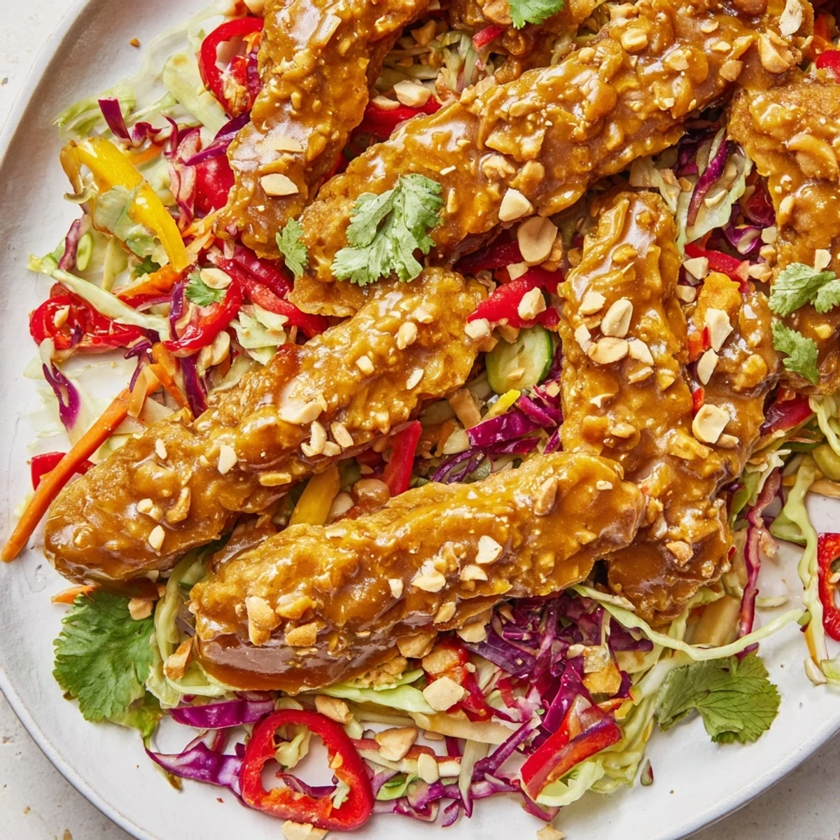 Golden crispy spicy peanut tempeh strips arranged over colorful shredded rainbow slaw with fresh cilantro
