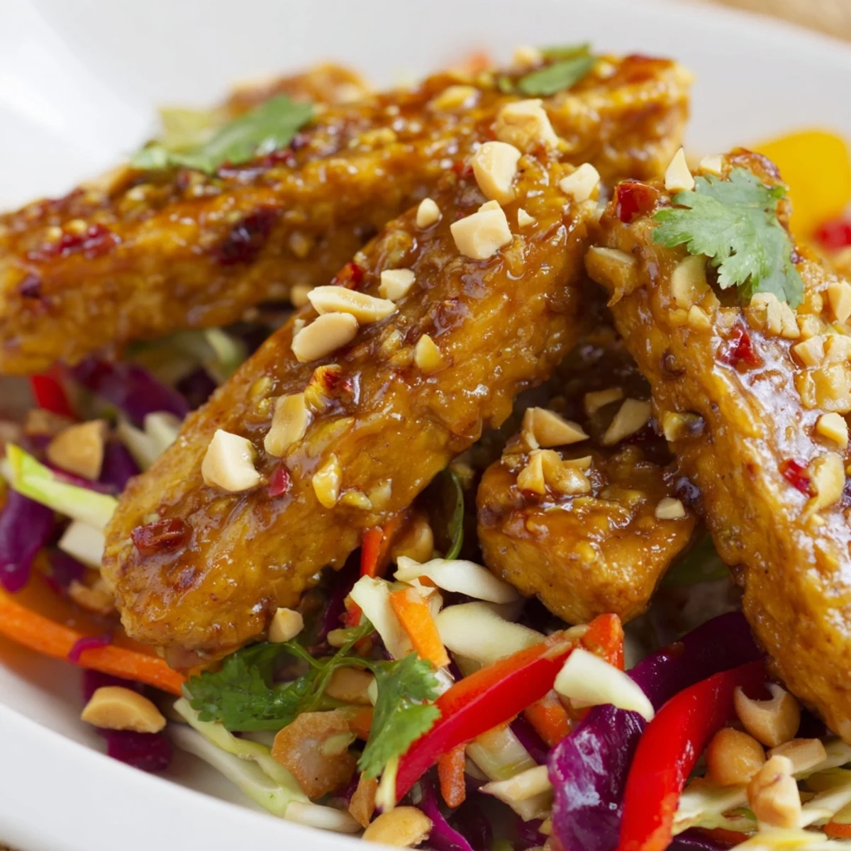 Glazed tempeh in rich spicy peanut sauce topping a bed of fresh vegetable rainbow slaw