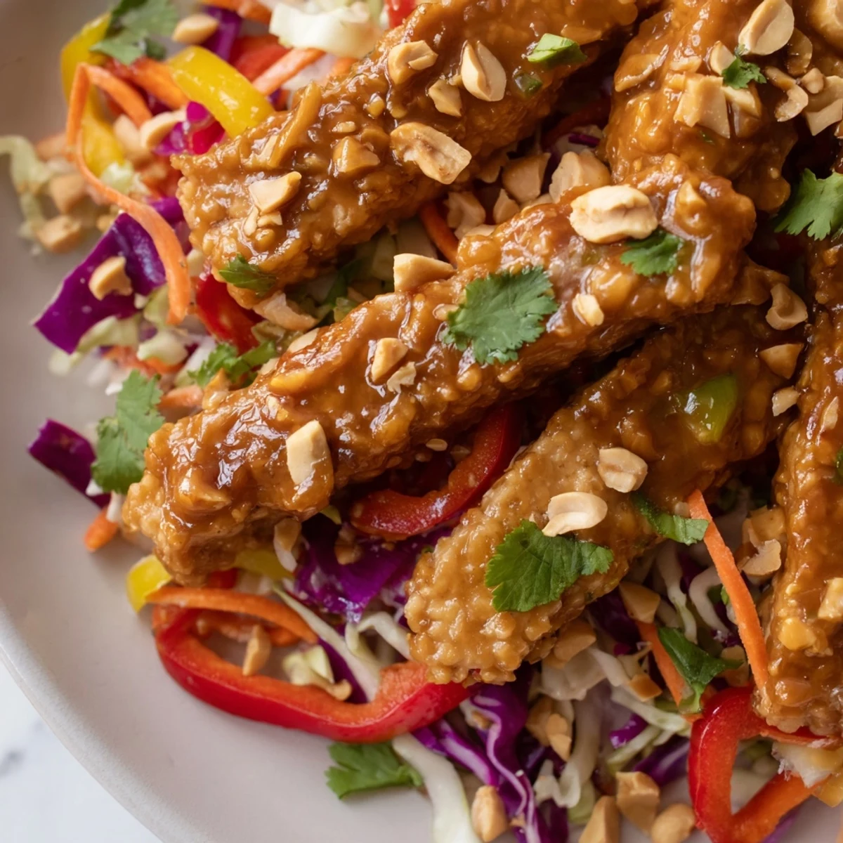 Vibrant bowl of spicy peanut tempeh nestled beside crunchy red cabbage carrot and bell pepper medley