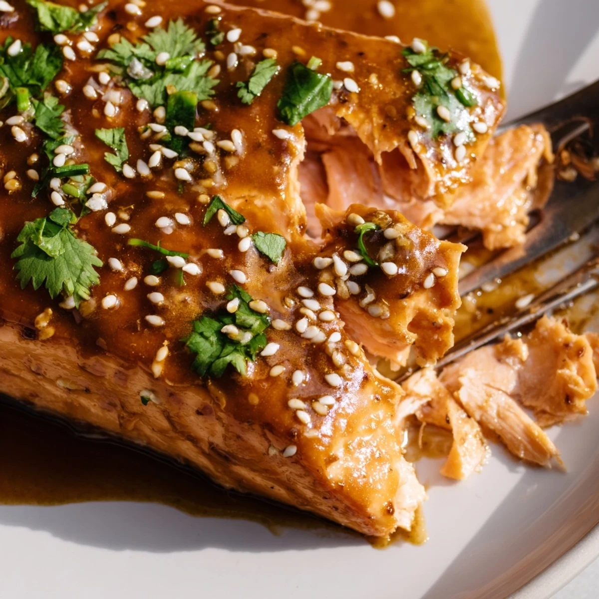 Golden brown miso glazed salmon fillets with caramelized edges beside crisp cucumber salad