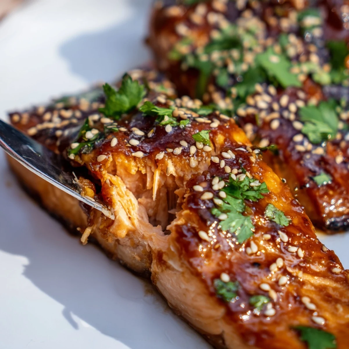 Perfectly cooked miso glazed salmon with crunchy cucumber sesame topping on white plate