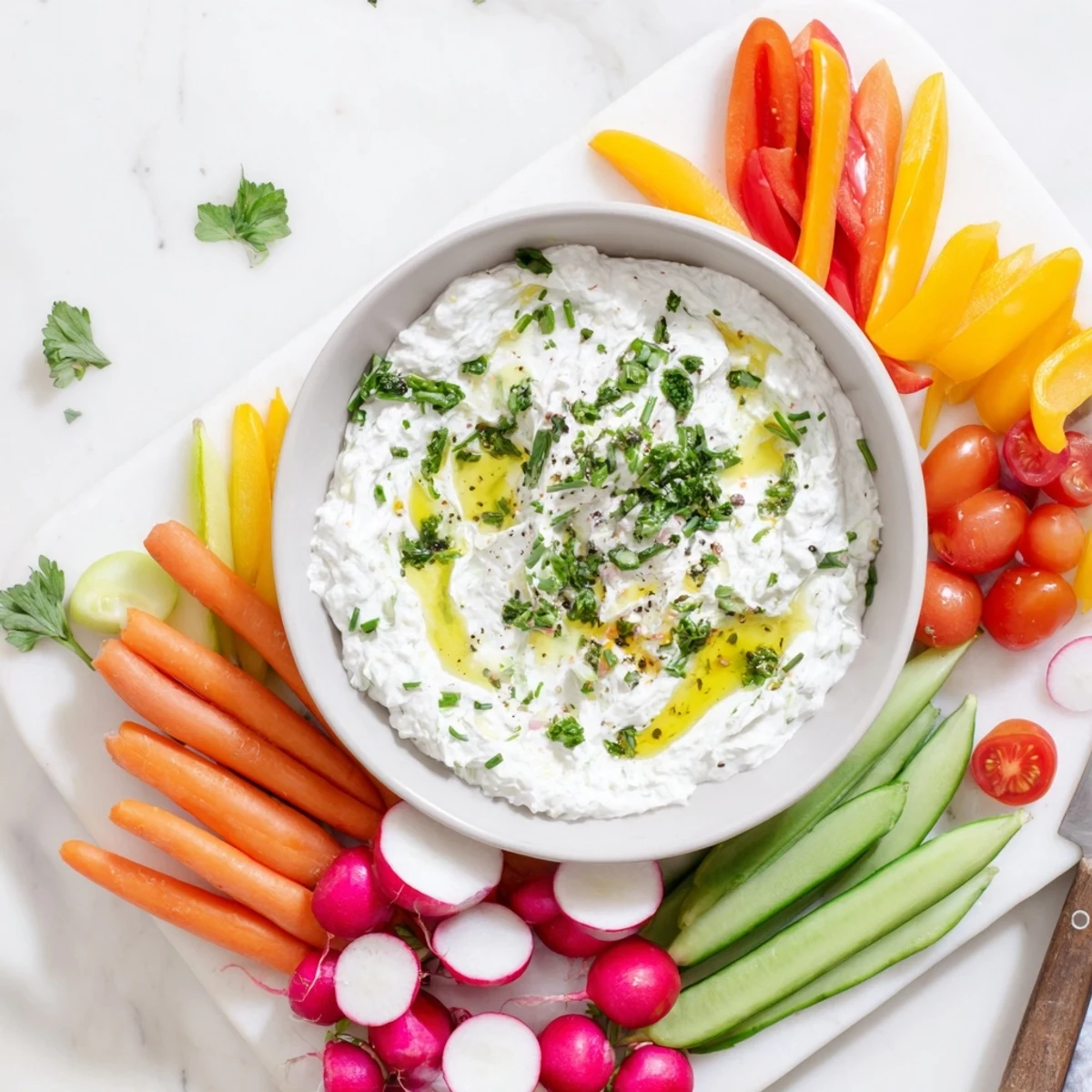 Creamy cottage cheese lemon herb dip served with colorful crisp vegetable platter for healthy snacking