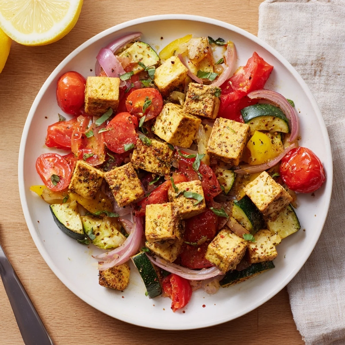 One-pan Mediterranean herb tofu and tomato skillet featuring roasted cherry tomatoes and crisp golden tofu