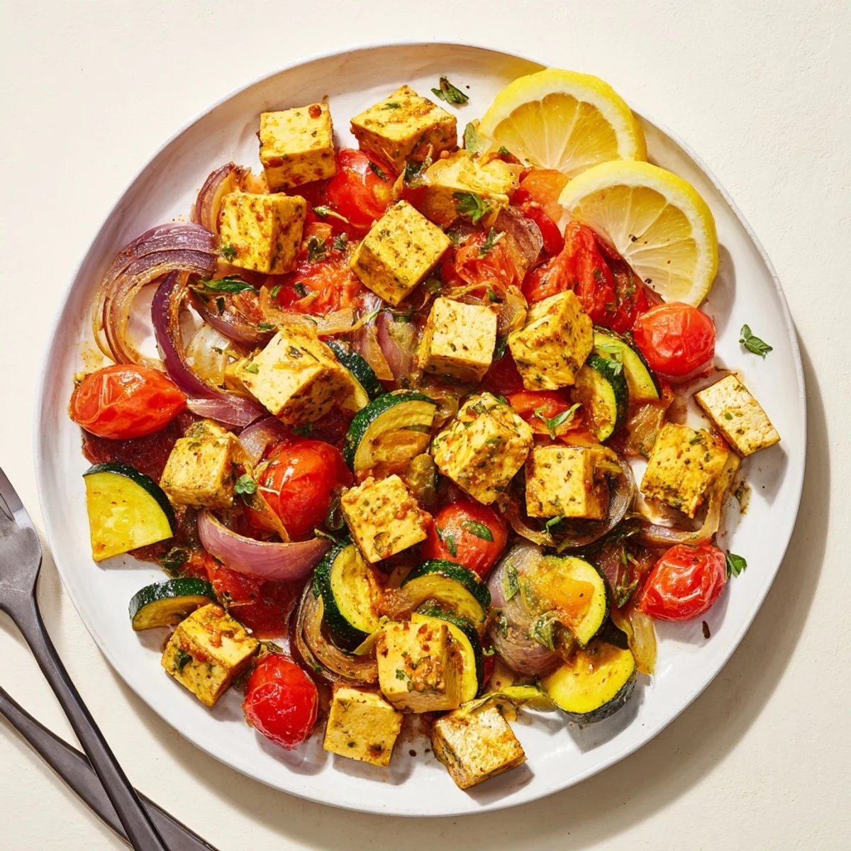 Vegan Mediterranean herb tofu and tomato skillet served with fresh lemon and green herbs garnish