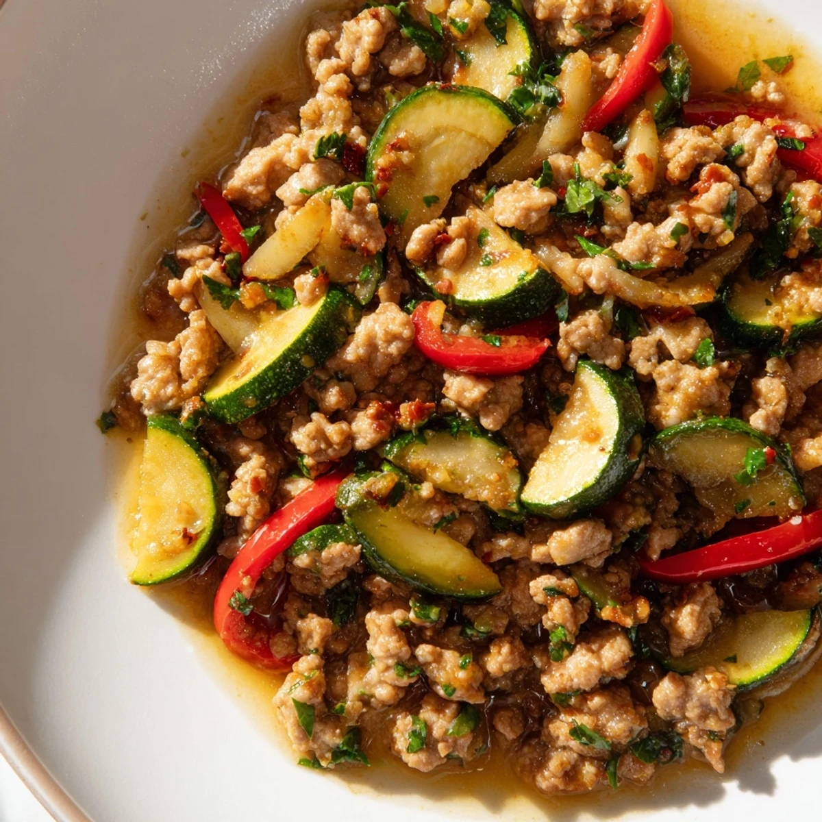 Vibrant garlic lemon turkey and zucchini stir fry served in a white bowl garnished with fresh parsley