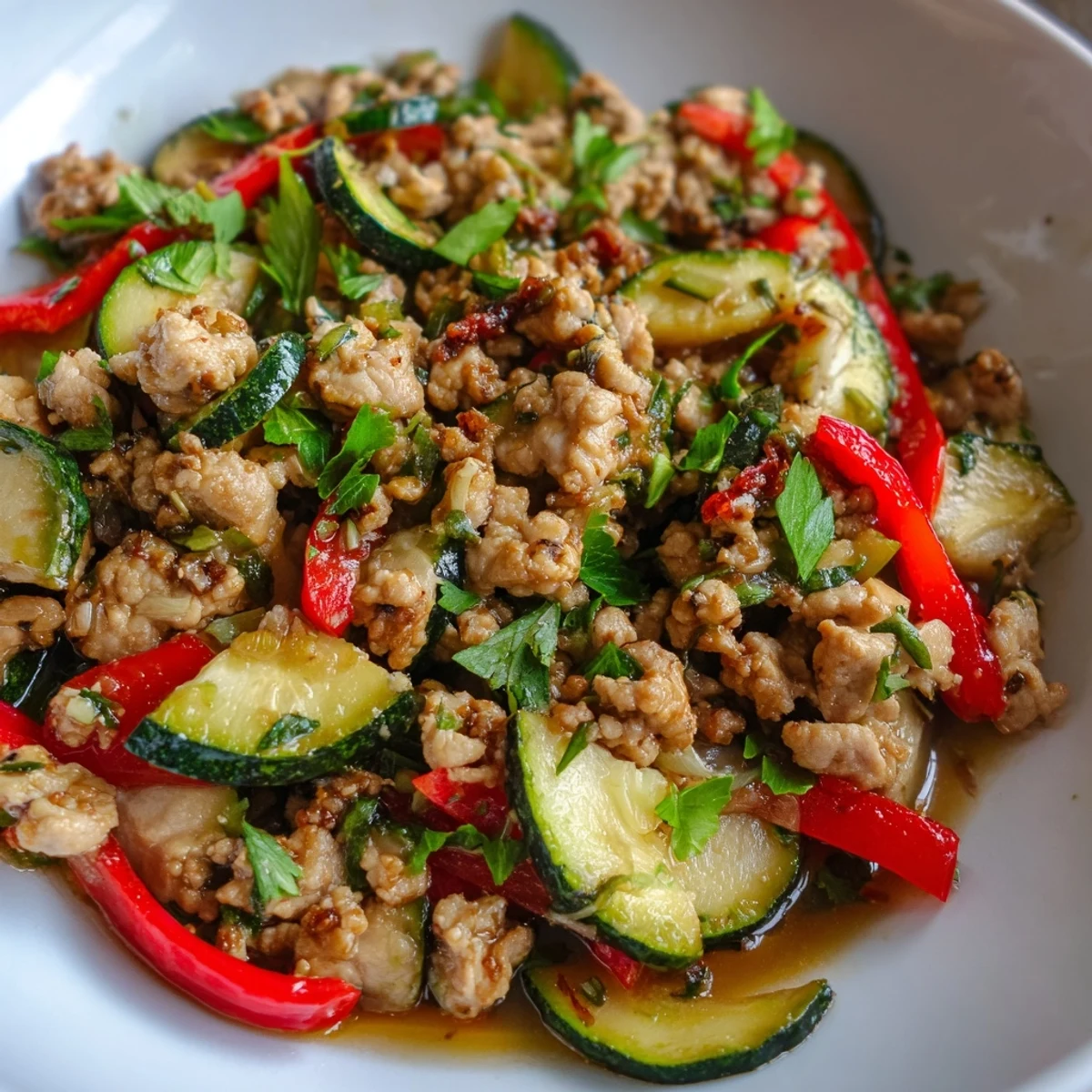 Sizzling skillet of ground turkey with crisp zucchini slices coated in zesty garlic lemon sauce