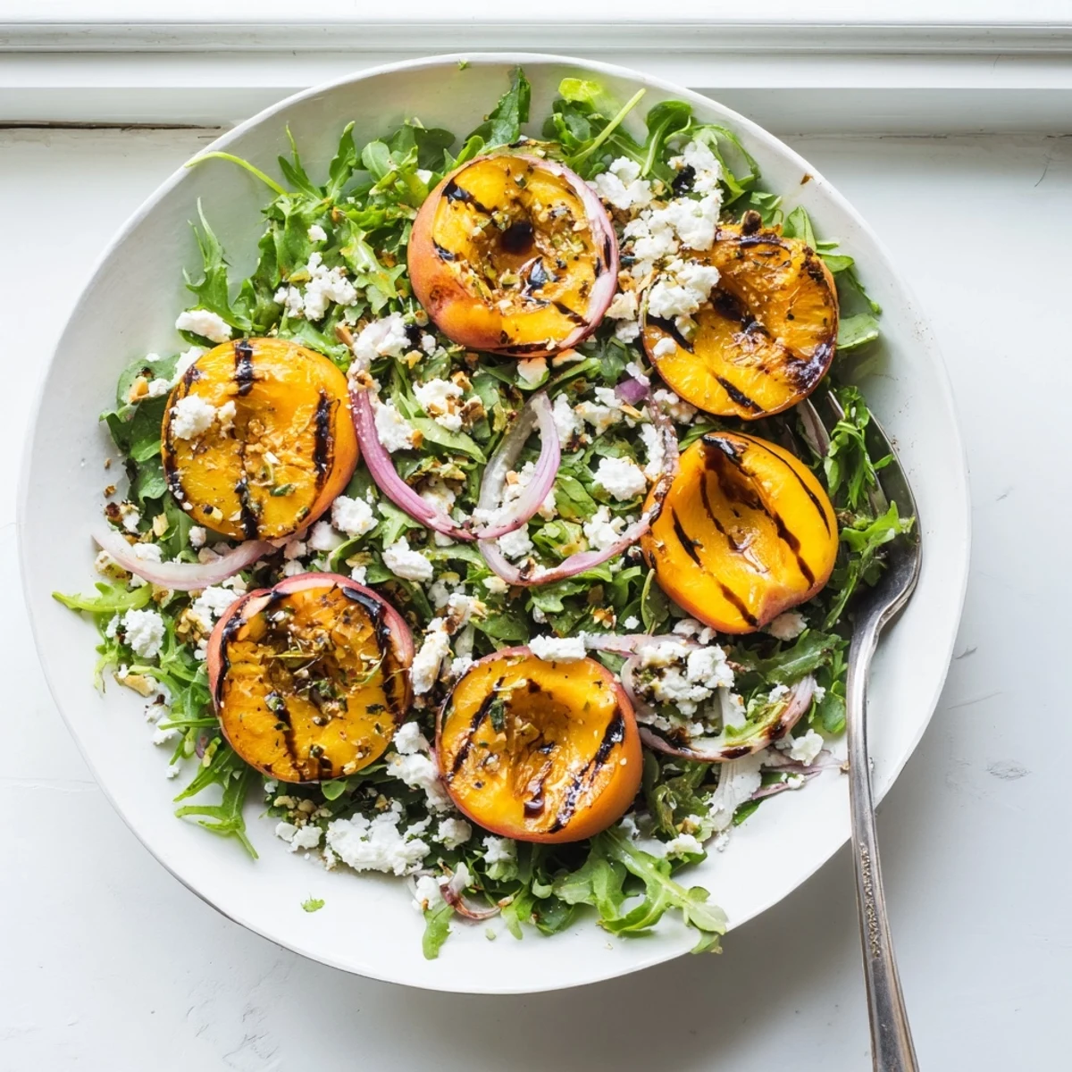 Colorful summer bowl featuring charred apricots, peppery greens, and crunchy almond crumble topping