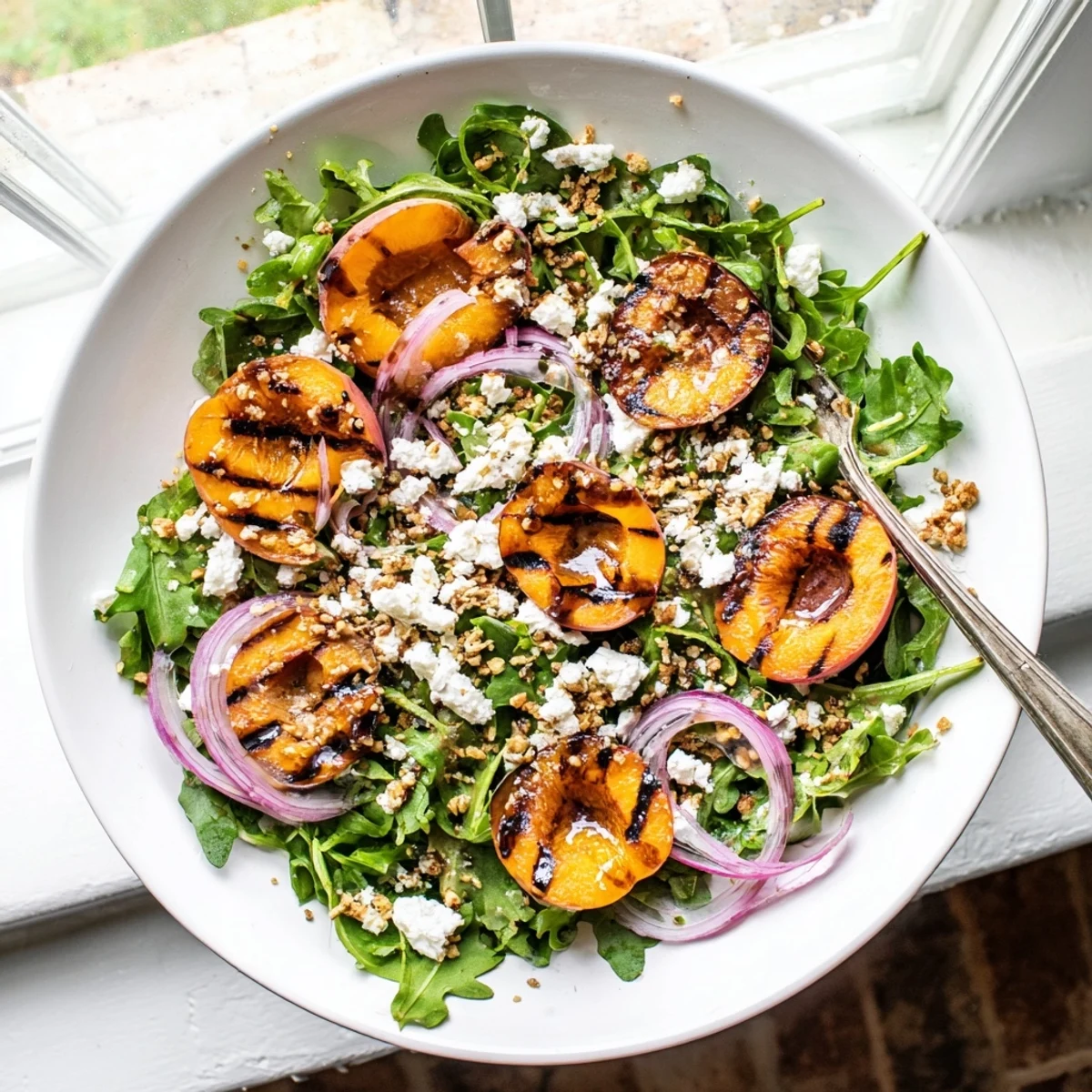Fresh grilled apricot and arugula salad topped with goat cheese and honey-balsamic dressing