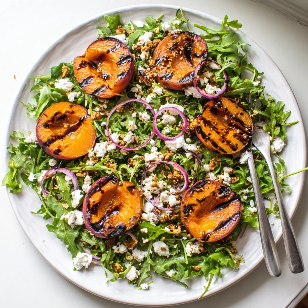 Golden grilled apricots arranged over arugula with creamy goat cheese and sweet balsamic glaze