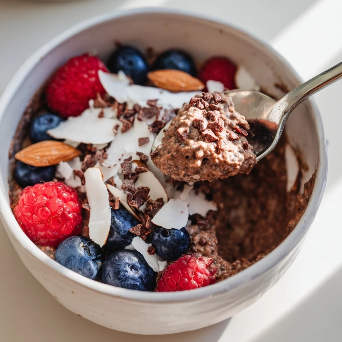 Creamy chocolate coconut protein chia bowl topped with fresh berries and shredded coconut