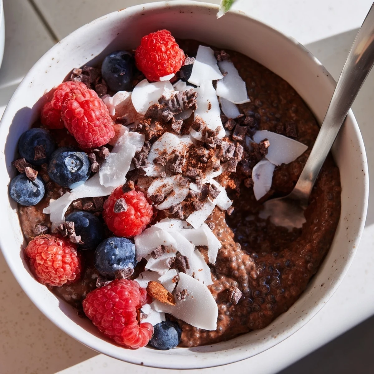 Healthy chocolate coconut protein chia bowl garnished with raspberries and dark chocolate shavings