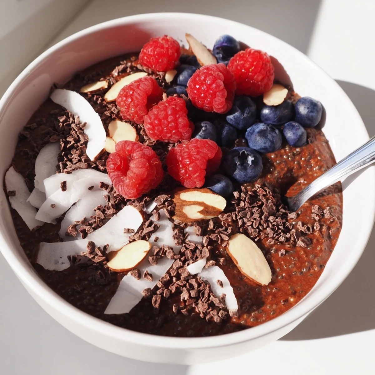 Rich chocolate chia pudding bowl layered with coconut and cacao nibs for breakfast