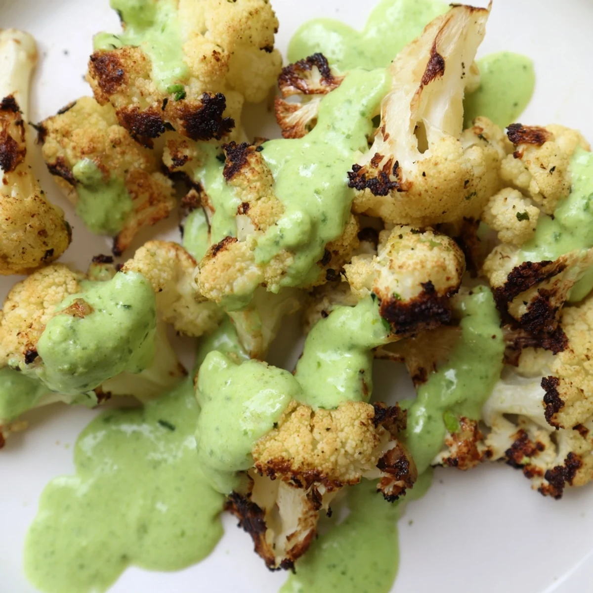 Tender oven roasted cauliflower drizzled with creamy green goddess dressing on platter