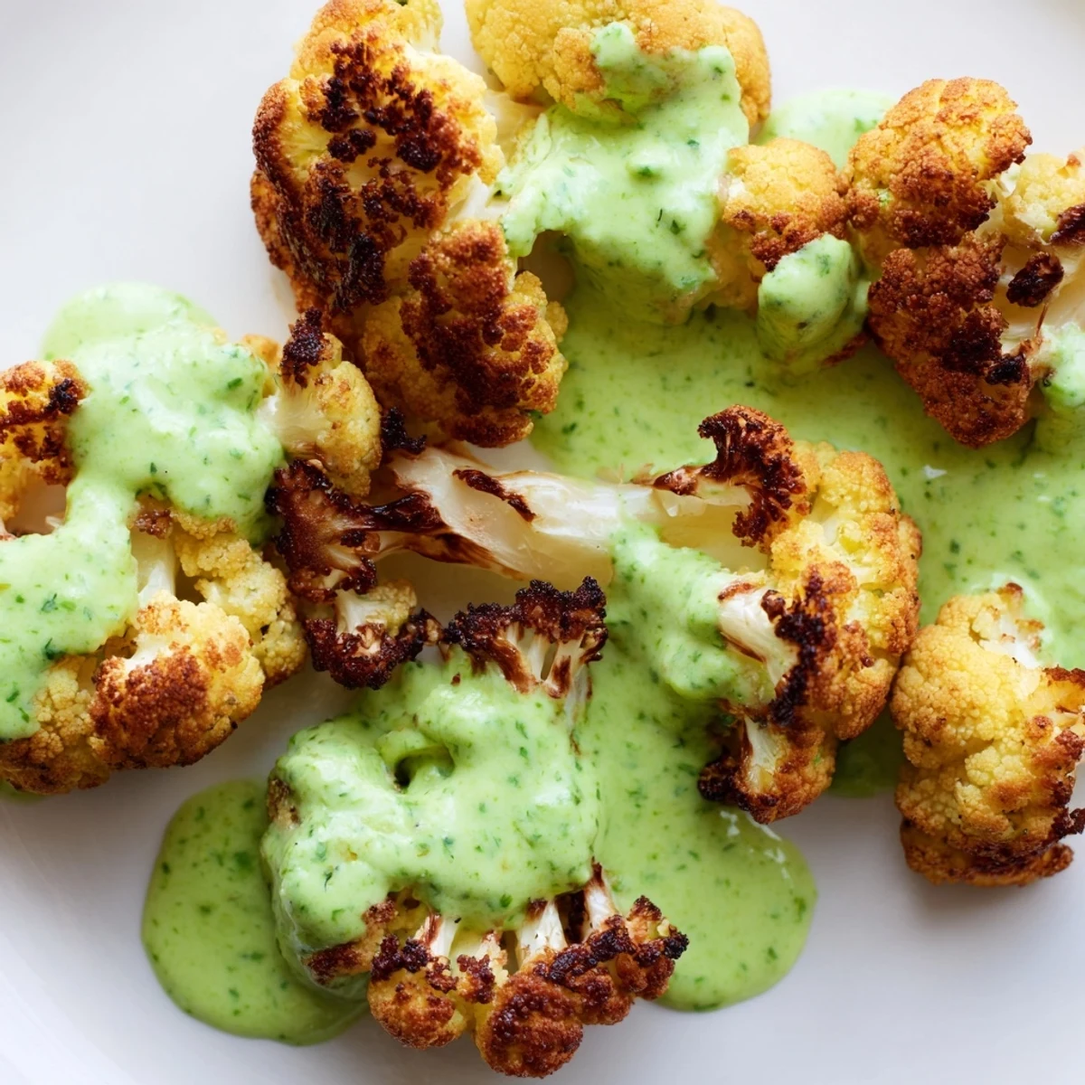 Golden brown roasted cauliflower flolets topped with vibrant green herb goddess sauce