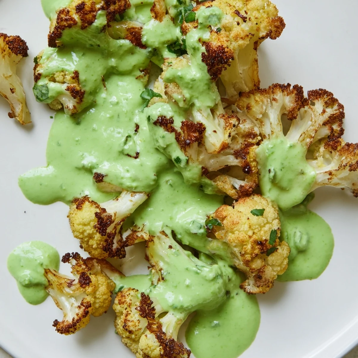 Crispy roasted cauliflower with bright green herb sauce ready for serving