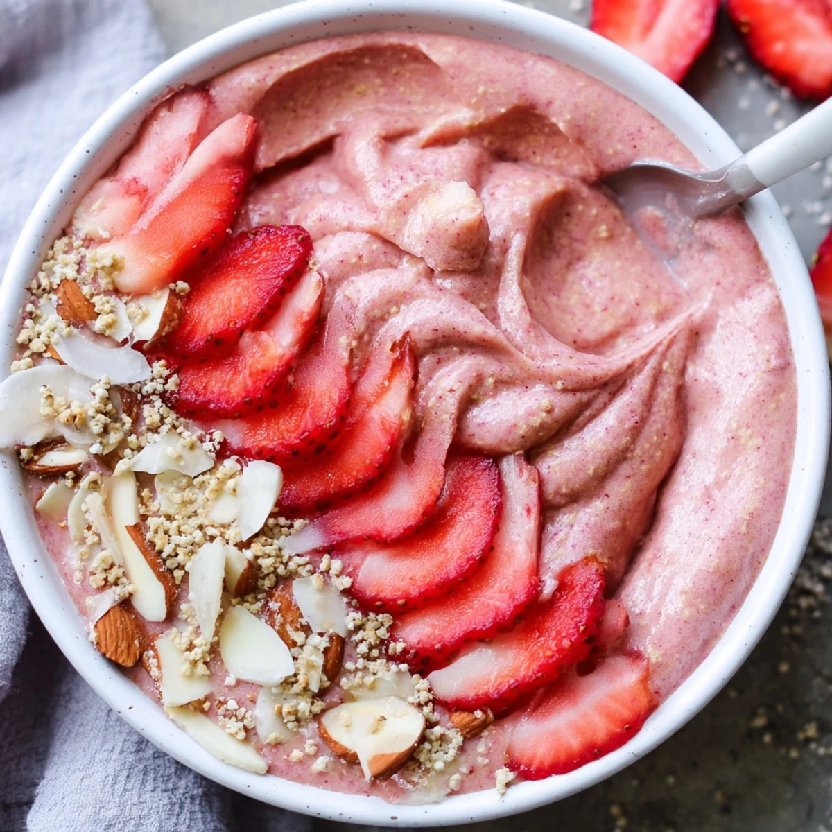 Thick creamy strawberry almond butter protein smoothie bowl topped with fresh sliced strawberries and crunchy granola