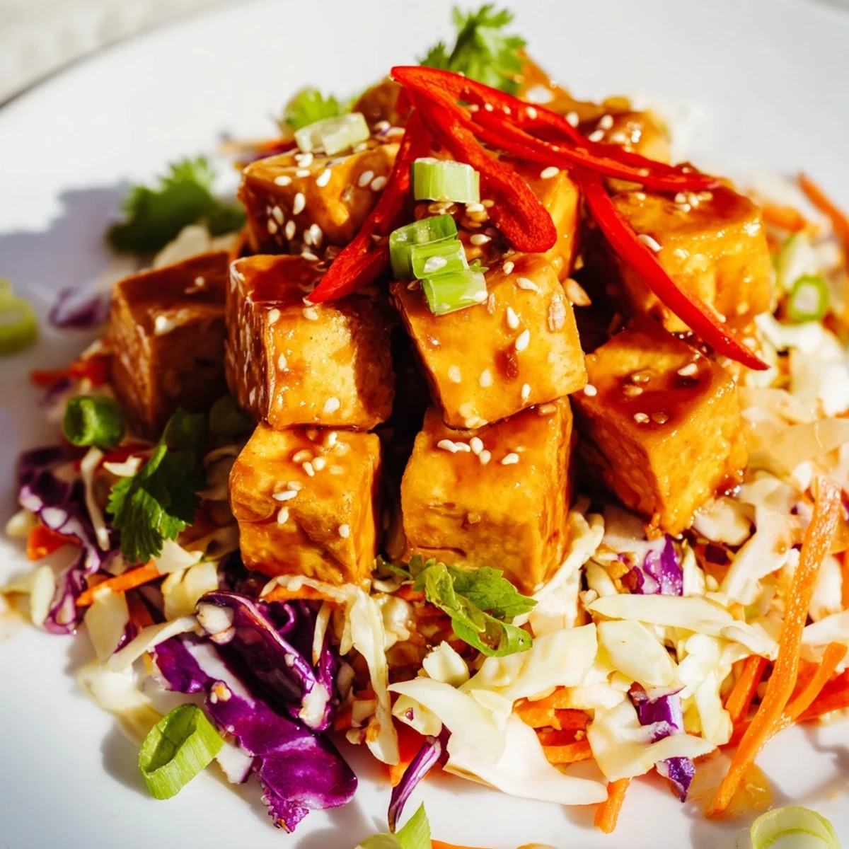 Crispy pan-fried tofu tossed in spicy ginger sesame sauce served atop vibrant colorful cabbage crunch salad