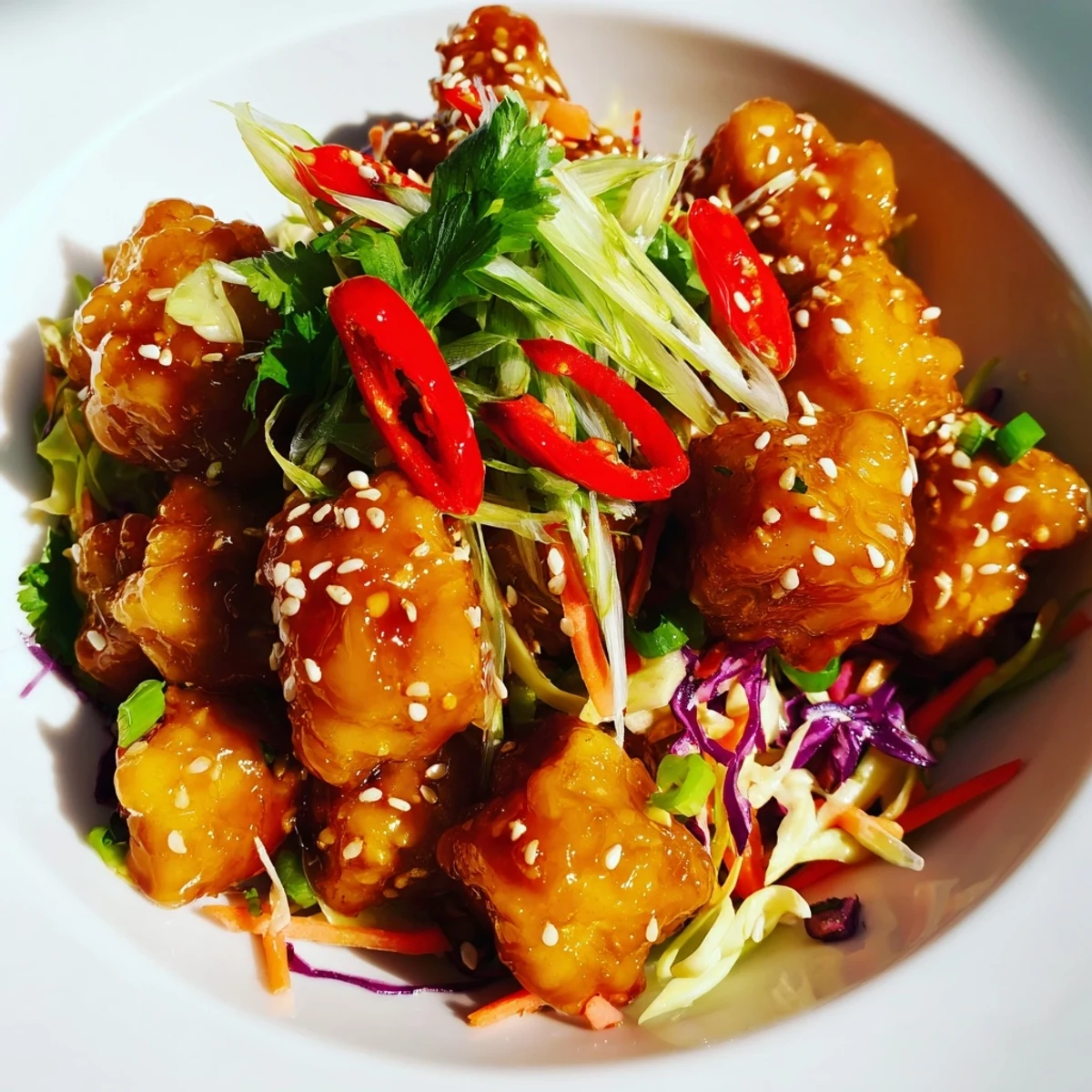 Vegan spicy ginger sesame tofu plated on crunchy shredded cabbage and carrots topped with sesame seeds and cilantro