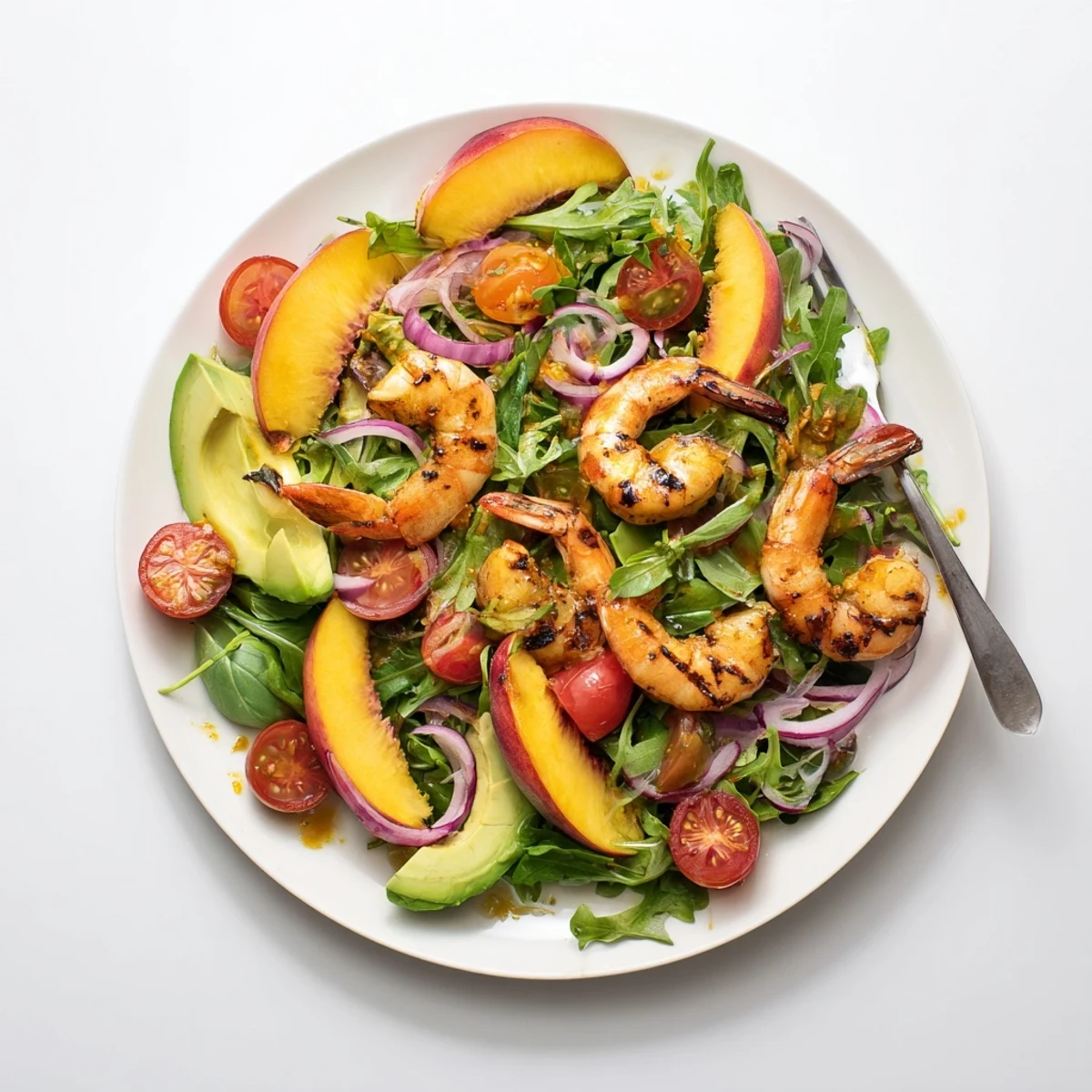 Vibrant summer salad featuring golden sautéed shrimp, ripe sliced peaches, fresh basil leaves, and bright citrus dressing on a bed of greens
