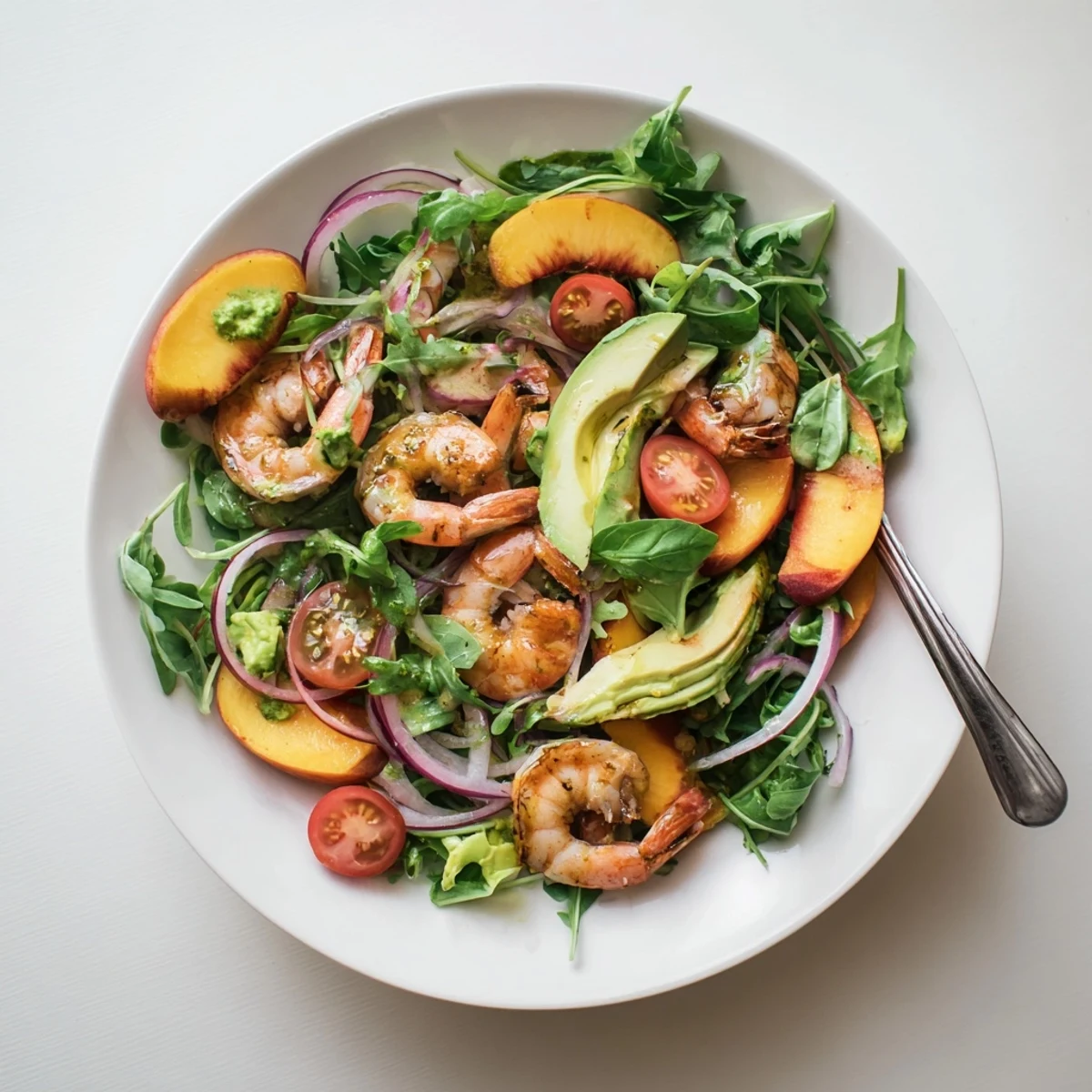 Fresh Peach Basil Shrimp Salad with juicy peaches and zesty citrus vinaigrette drizzled over tender grilled shrimp and mixed greens