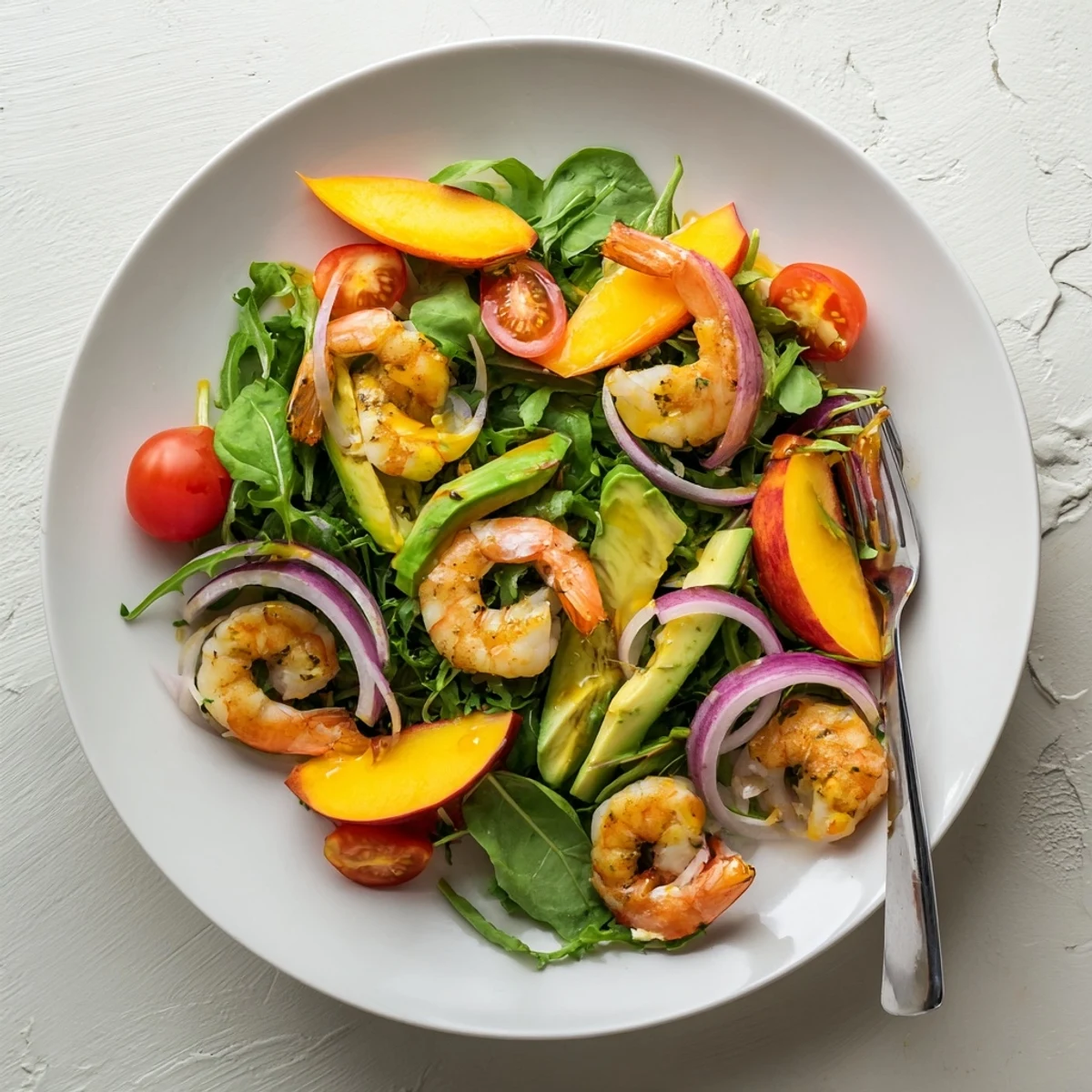 Colorful bowl of Peach Basil Shrimp Salad topped with succulent shrimp, sweet peaches, cherry tomatoes, and tangy citrus vinaigrette
