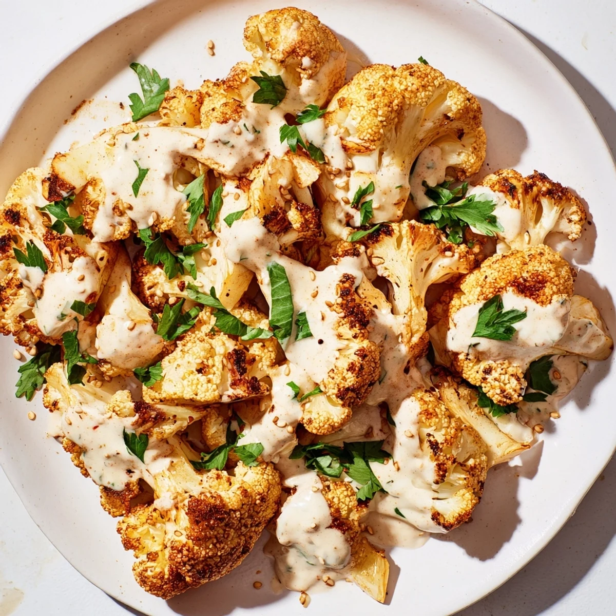 Golden roasted garlic cauliflower flolets drizzled with creamy tahini sauce on a white serving platter